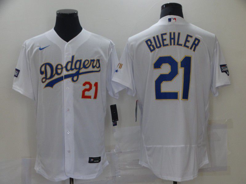 Men Los Angeles Dodgers 21 Buehler White gold and blue Elite 2021 Nike MLB Jersey